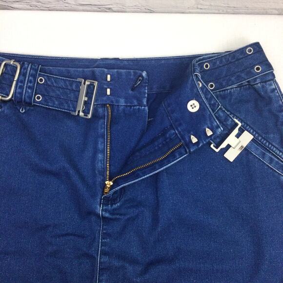 Liz Claiborne 90s Blue Medium Wash Flap Pocket Belted Denim Knee Length Skirt 14 - Picture 4 of 9